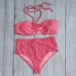NWT Dippin' Daisy's Bikini Set Ribbed Texture Coral High Waist High Cut Size Med